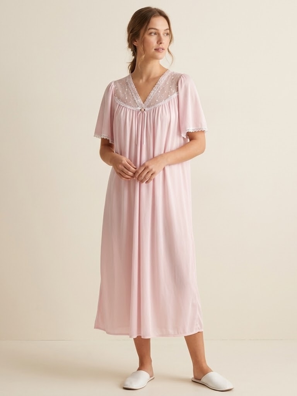 Vintage 80s/90s Barbizon, Pink Nylon Nightgown, Lace Flutter Sleeves, Coquette,